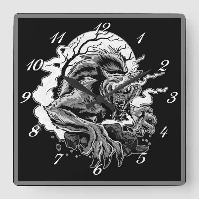 Monochrome Werewolf Moon Square Wall Clock (Front)