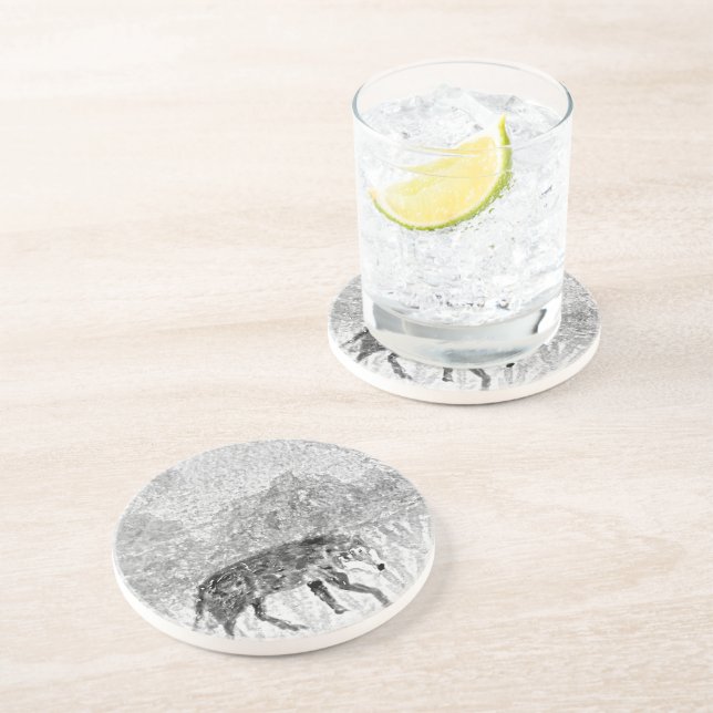 Monochrome Wild Animal Art Grey Wolf Coaster (Side)