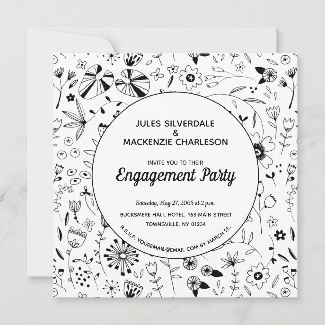 Monochrome Wild Flower Modern Engagement Party Invitation (Front)