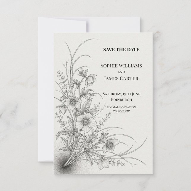 Monochrome Wildflower Wedding Save The Date (Front)