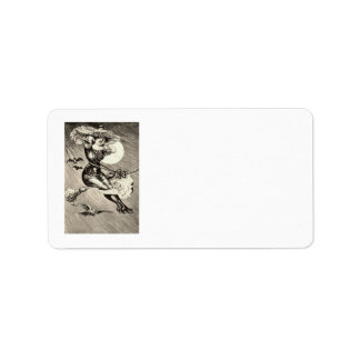 Monochrome Witch Flying Broom Bat Full Moon Label