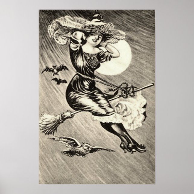 Monochrome Witch Flying Broom Bat Full Moon Poster (Front)