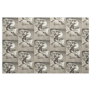 Monochrome Witch Full Moon Bat Broom Fabric