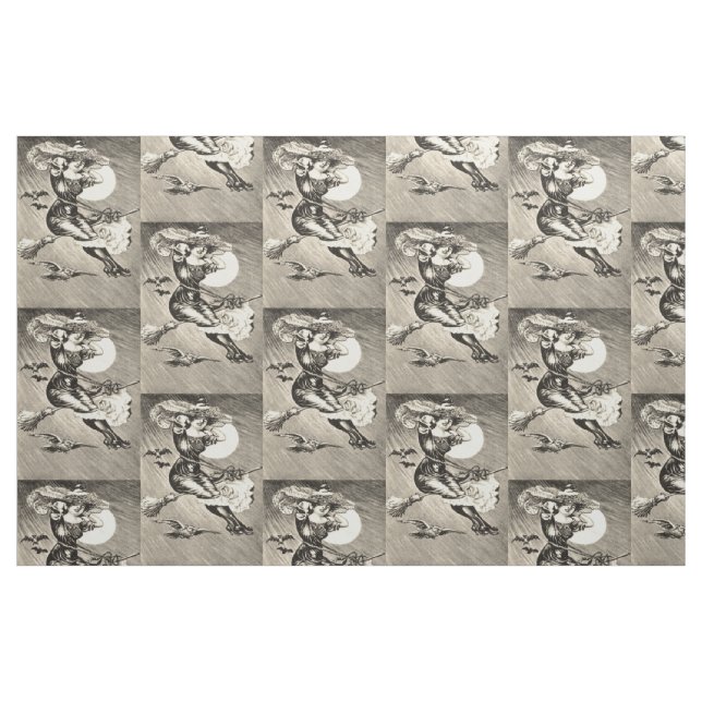Monochrome Witch Full Moon Bat Broom Fabric (Fat Quarter)