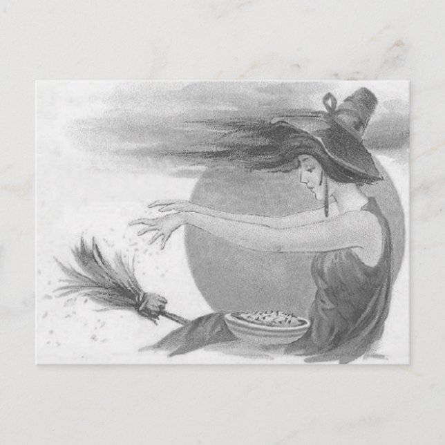 Monochrome Witch Full Moon Broom Magic Spell Postcard (Front)