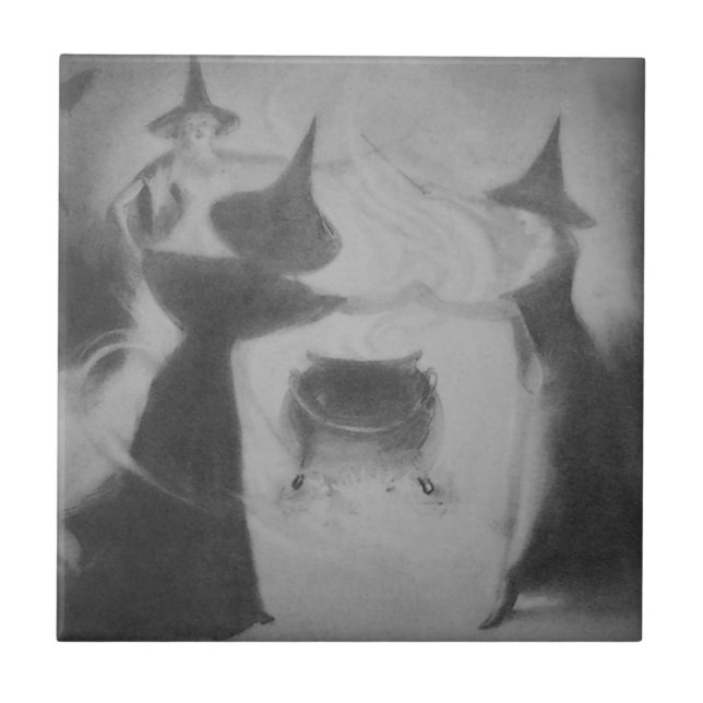 Monochrome Witch Night Cauldron Spell Magic Tile (Front)