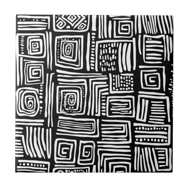 Monochrome Woven Line Black White Abstract Texture Tile (Front)