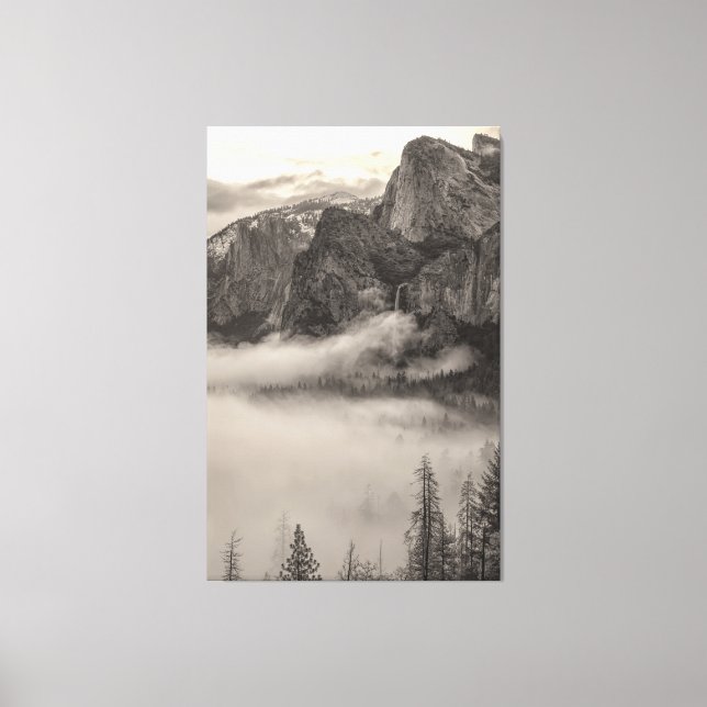 Monochrome Yosemite Mountain Landscape with Fog Canvas Print (Front)