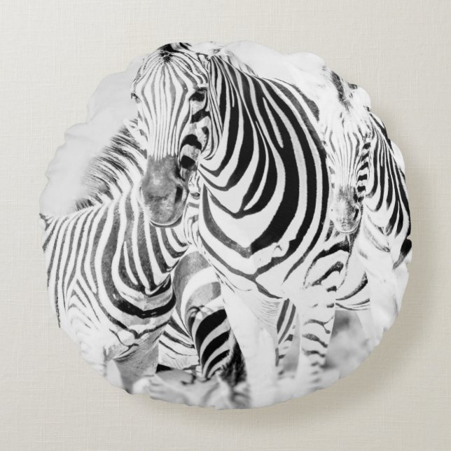 monochrome zebra group portrait, South African Nat Round Pillow (Front)