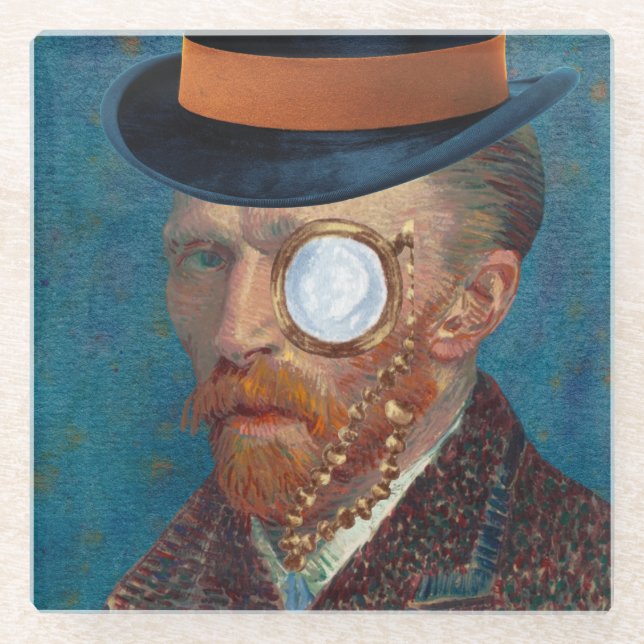 Monocle Van Gogh In Top Hat Glass Coaster (Front)