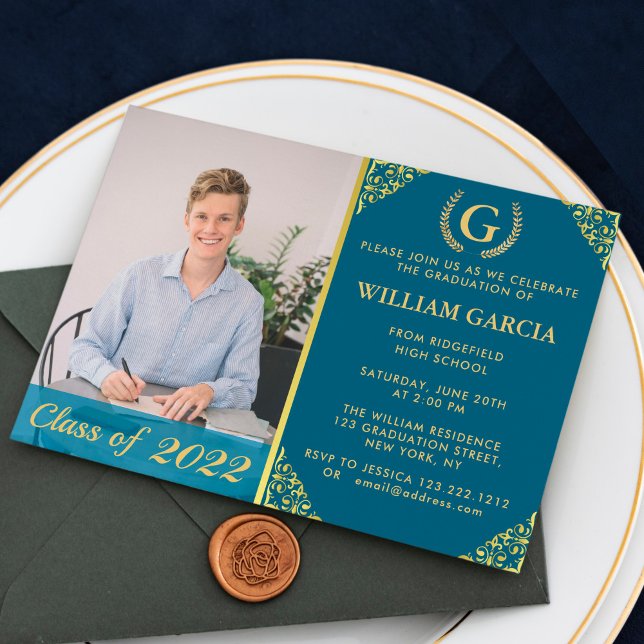 Monogam Golden Laurel Wreath Modern Graduation Invitation (Creator Uploaded)