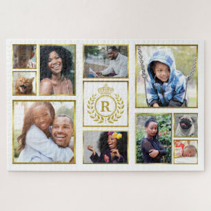Monogram 10 Photo Collage Gold Laurel Royal Crown Jigsaw Puzzle