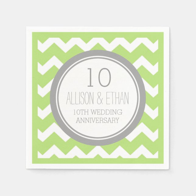 Monogram 10th Anniversary Napkin Green Chevron (Front)