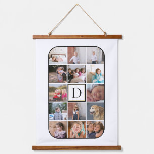 Monogram, 14 photo collage rounded corners white hanging tapestry