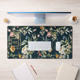 Monogram, 1600s Still Life Floral Border Pattern Desk Mat