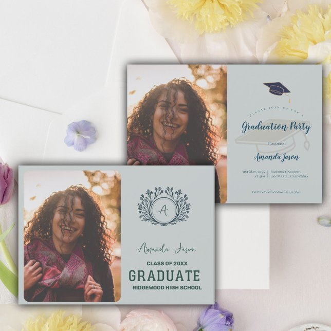 Monogram 2025 Grad Two Photo Graduation Party Invitation (Monogram 2025 Grad Two Photo Graduation Party Invitation)