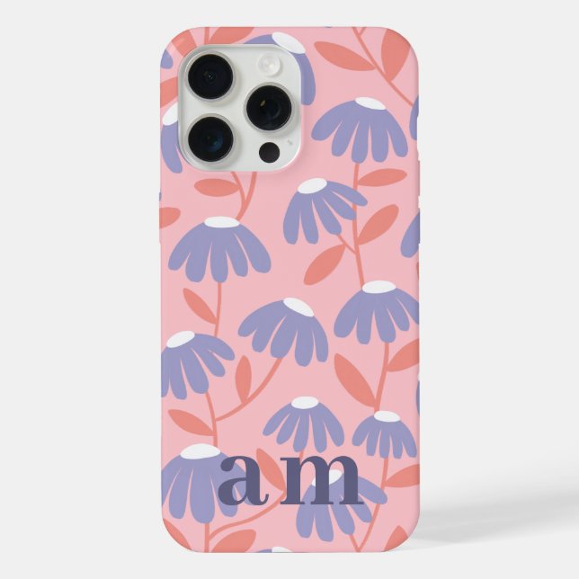 Monogram 2 Initials Pink & Blue Floral Pattern iPhone Case (Back)