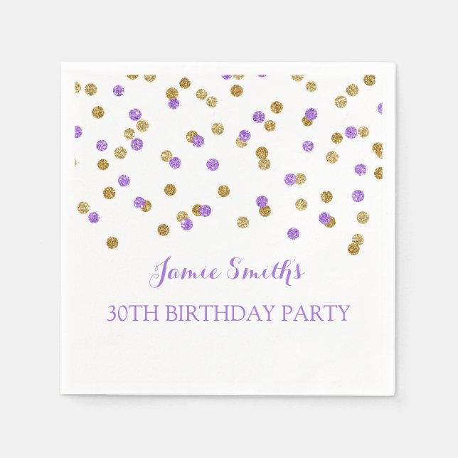 Monogram 30th Birthday Napkin Gold Purple confetti (Front)