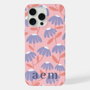 Monogram 3 Initials Pink & Blue Floral Pattern iPhone 15 Pro Max Case