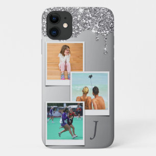 Monogram 3 Photo Template Silver Glitter Drip iPhone 11 Case