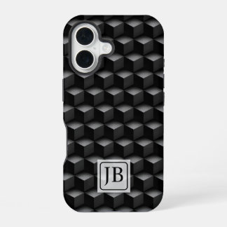 Monogram, 3D Black Geometric Pattern, Modern iPhone 16 Case