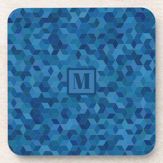 Monogram 3D Blue Cube Pattern Coaster (Front)