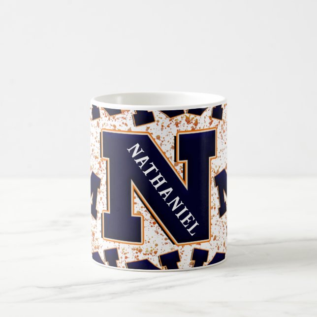 Monogram 3D Name Navy Blue Orange Yellow Cute Fun  Coffee Mug (Center)