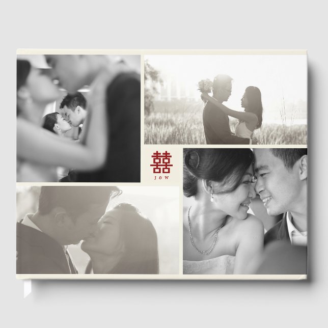 Monogram 4 Photo Collage Modern Chinese Wedding Guest Book (Front)