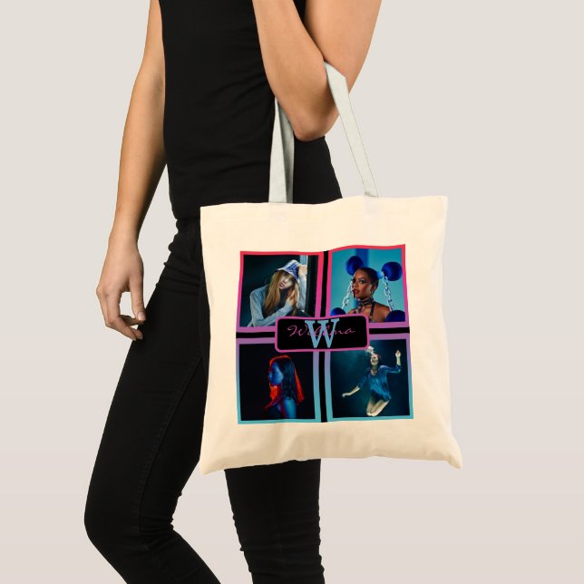 Monogram 4 Photo Script Name Custom Colour Tote Ba Bag (Front (Product))