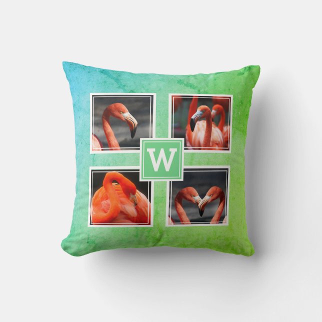 Monogram 4 Photo Template Modern Blue Throw Pillow (Front)