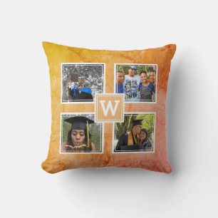 Monogram 4 Photo Template Modern Yellow Throw Pillow