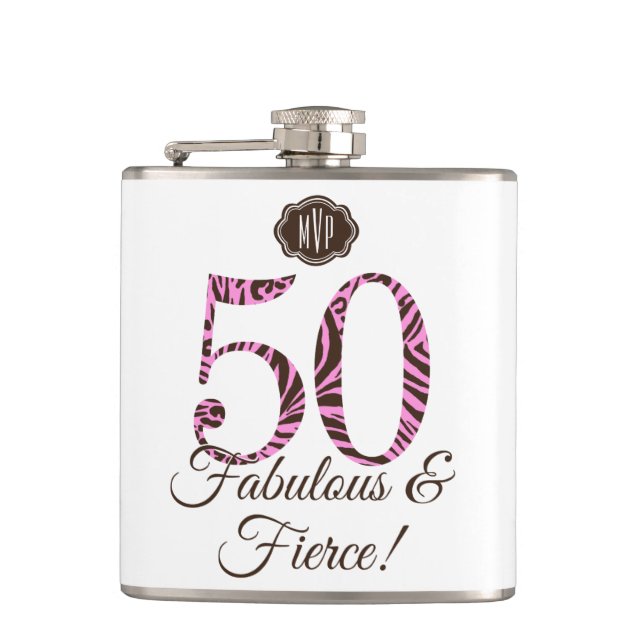 Monogram 50th Birthday Fabulous & Fierce Hip Flask (Front)