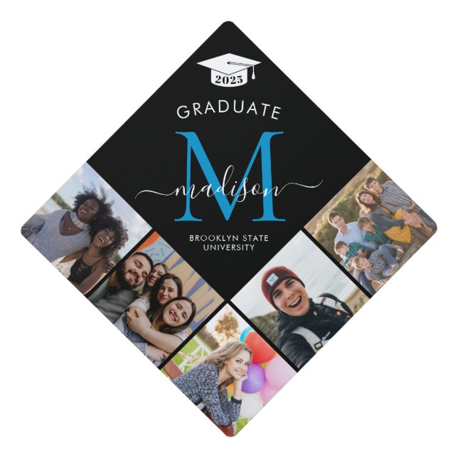 Monogram 5 Photo Black Blue Class Grad Graduation Cap Topper (Front)