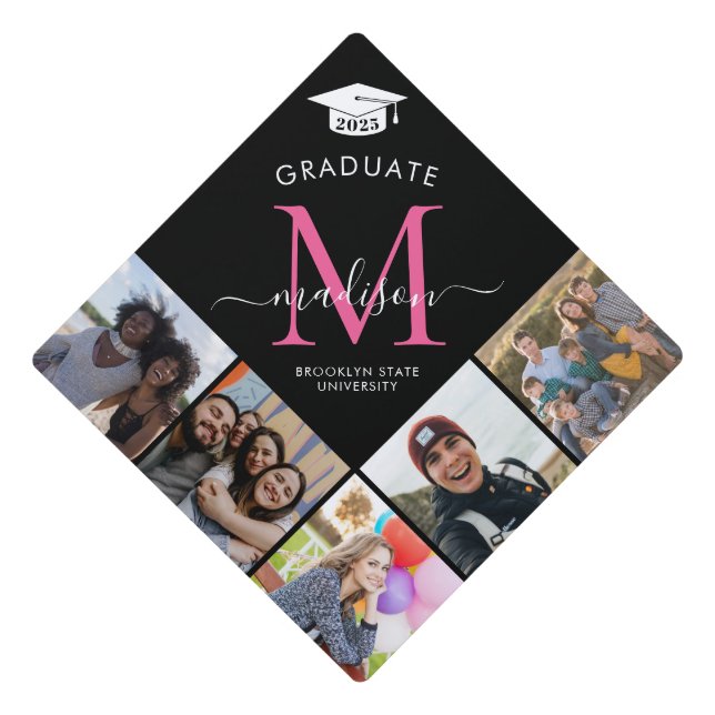 Monogram 5 Photo Black Blush Pink Class Grad Graduation Cap Topper (Front)