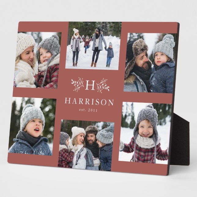 Monogram 6 photo collage family name dusty rose plaque (Side)