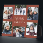 Monogram 6 photo collage family name terracotta plaque<br><div class="desc">A collage of six photos surrounds a simple initial and rustic branches along with a name and year. Makes a great keepsake gift. Feature highlights of your year, the best from your family photo shoot, grandkid images, wedding photos and more. The trendy terracotta background can be changed by clicking "customize...</div>