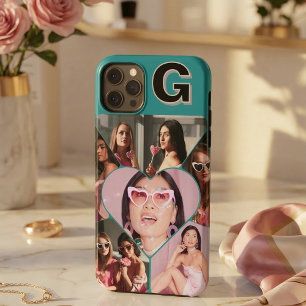 Monogram 6-Photo Collage Teal iPhone Case