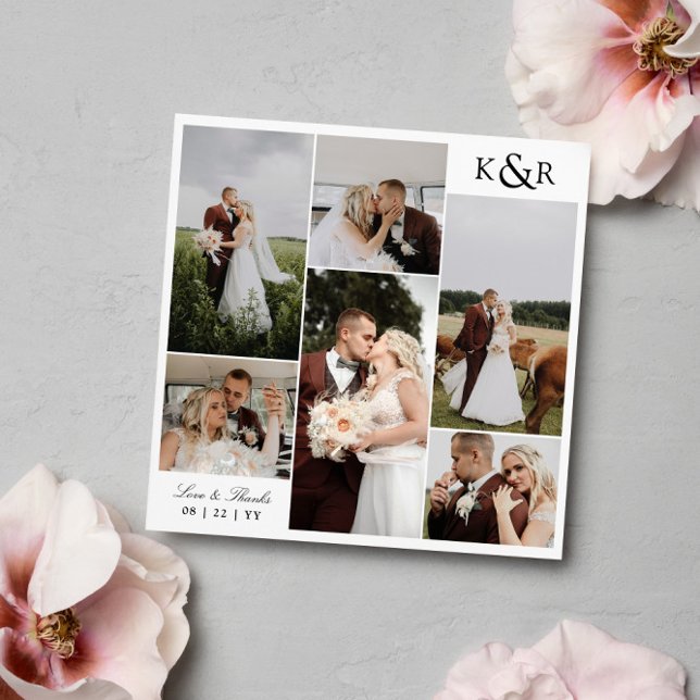 Monogram 6 Photo Collage Wedding Love & Thanks Thank You Card (Creator Uploaded)