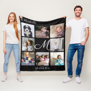 Monogram 8 Photo Collage Colourful Confetti Black Fleece Blanket