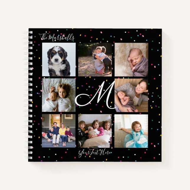 Monogram 8 Photo Collage Colourful Confetti Black Notebook (Front)