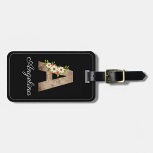 Monogram A black wood letter flower Luggage Tag