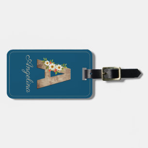 Monogram A  blue wood letter flower Luggage Tag