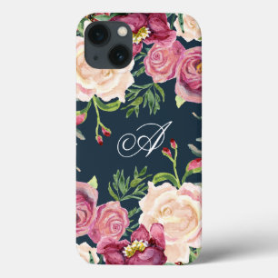 Monogram A Burgundy Floral Rose Leaf Foliage iPhone 13 Case