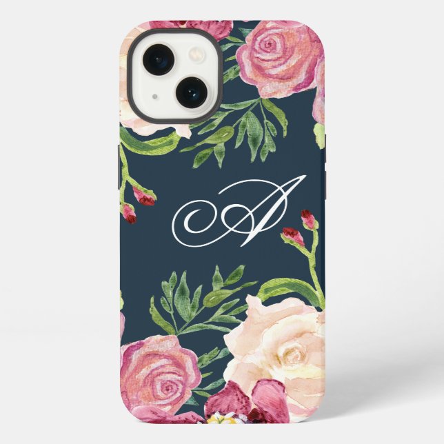 Monogram A Burgundy Floral Rose Leaf Foliage iPhone Case (Back)