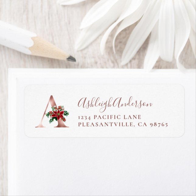 Monogram A Christmas Rose Gold Return Address (Insitu)