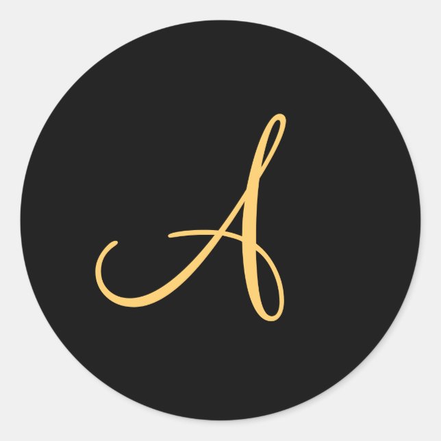 Monogram A,  gold coloured initial A on black,  Classic Round Sticker (Front)