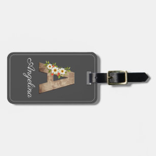 Monogram A grey wood letter flower Luggage Tag