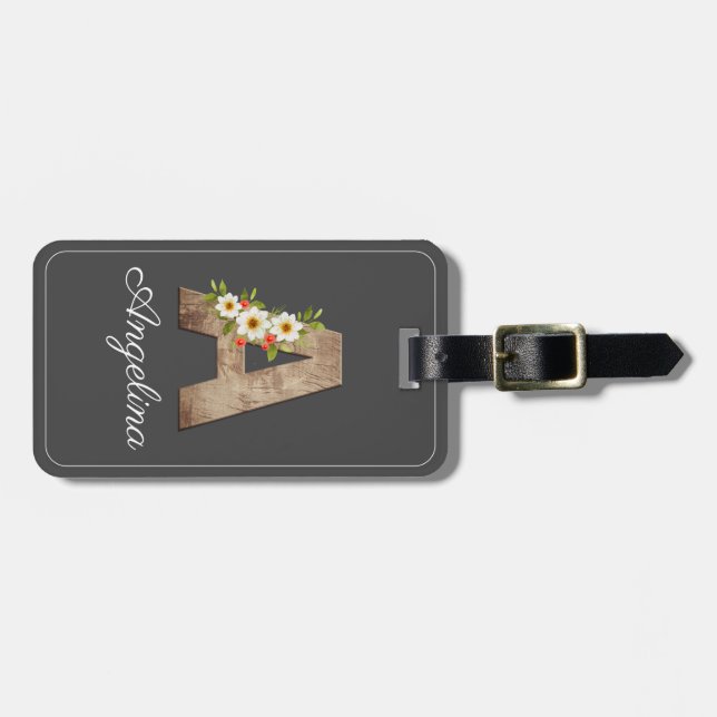 Monogram A grey wood letter flower Luggage Tag (Front Horizontal)