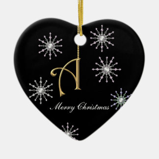 Monogram A Heart Shaped Christmas Snowflakes Ceramic Ornament