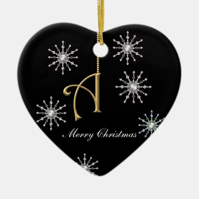 Monogram A Heart Shaped Christmas Snowflakes Ceramic Ornament (Front)